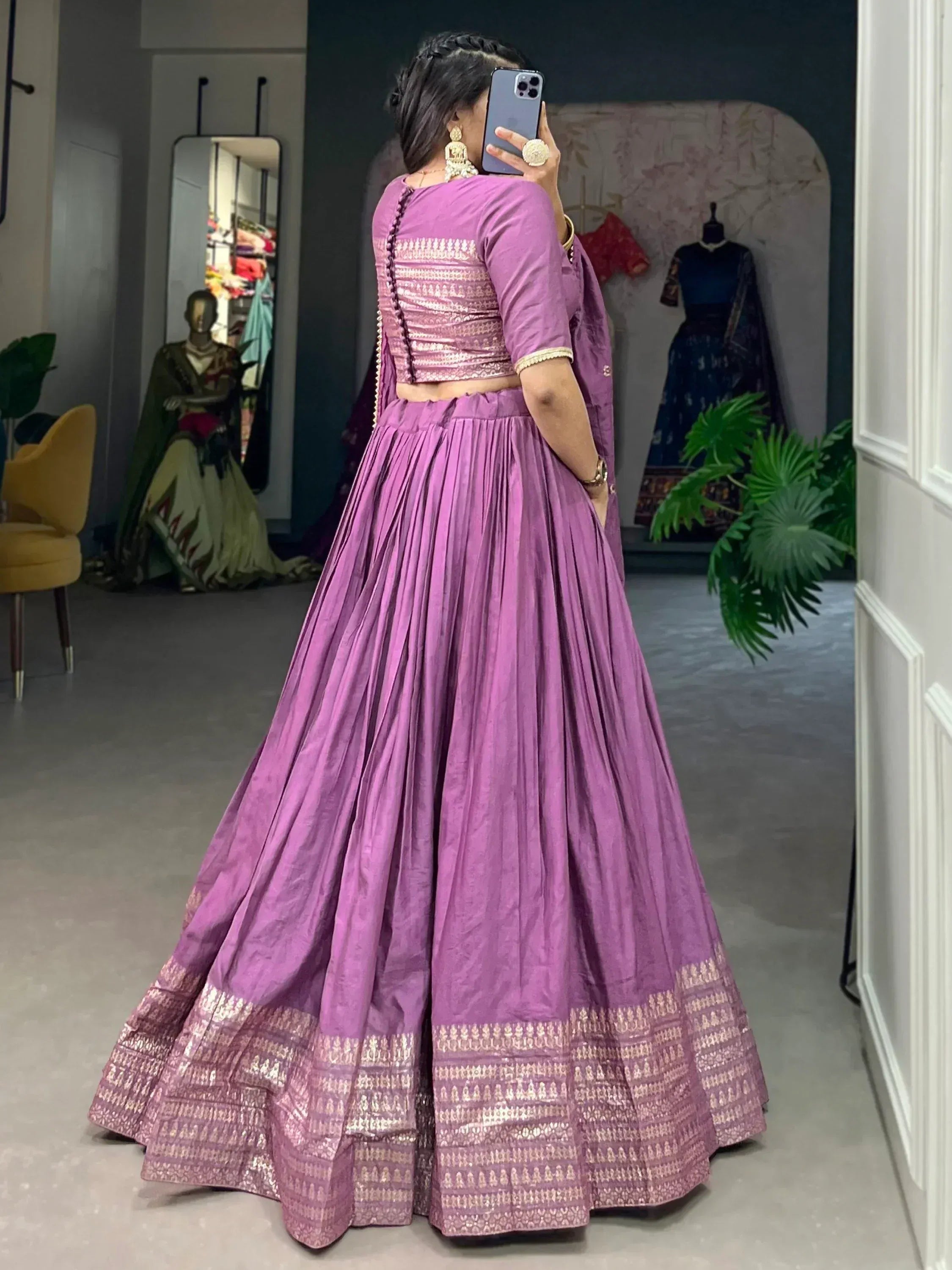 Purple designer lehenga choli with gold embroidery, perfect for Indian ethnic wear and festive occasions