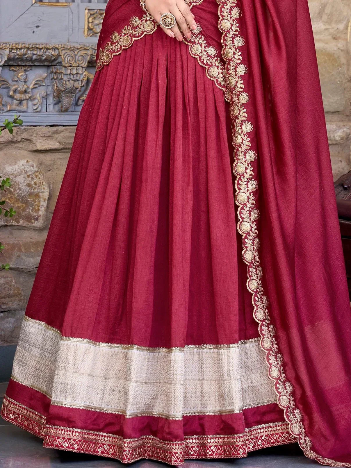 Maroon lehenga choli with gold embroidery and dupatta, Indian ethnic wear for weddings