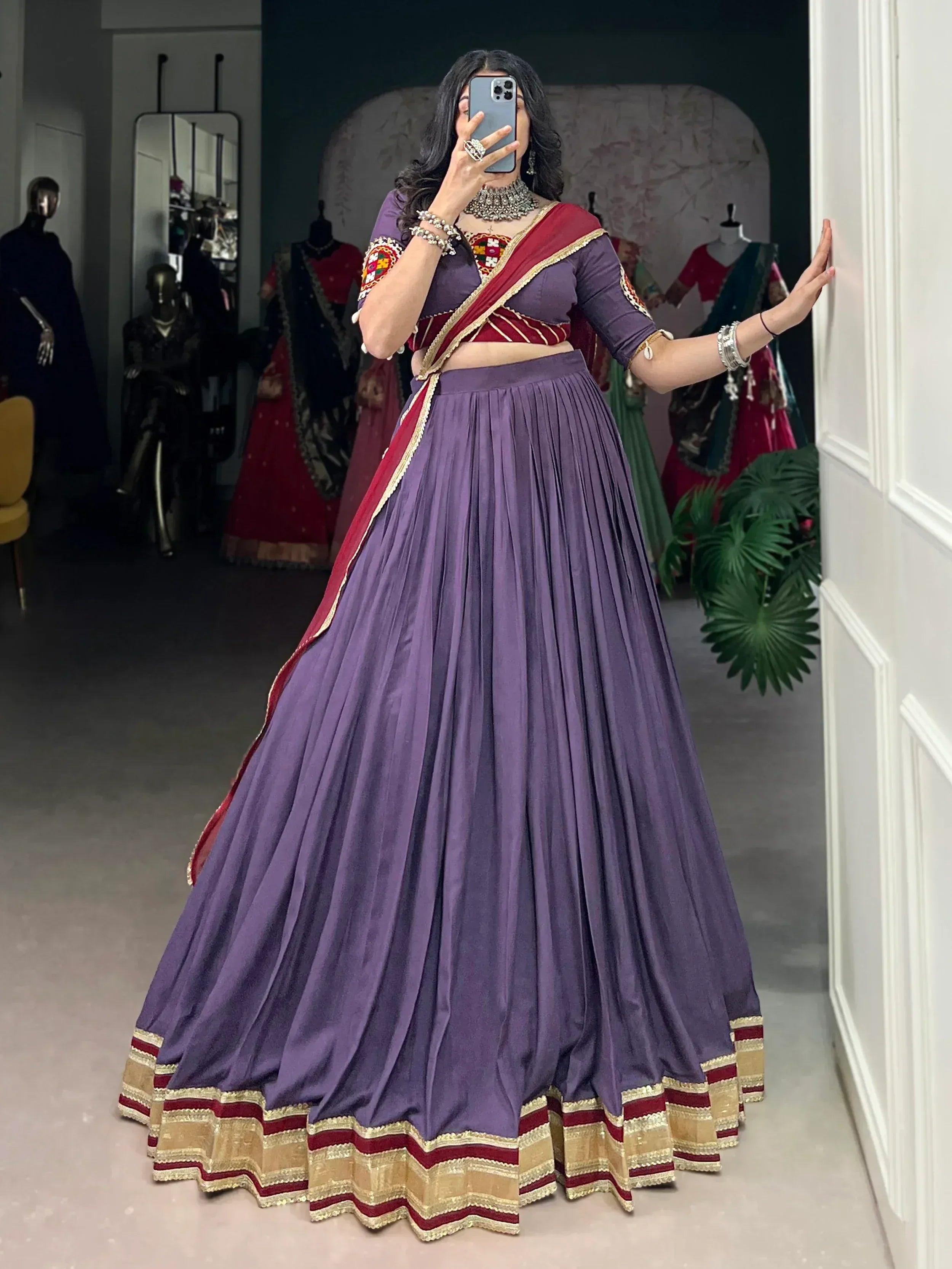 Purple lehenga choli with red dupatta, ethnic Indian wear for women