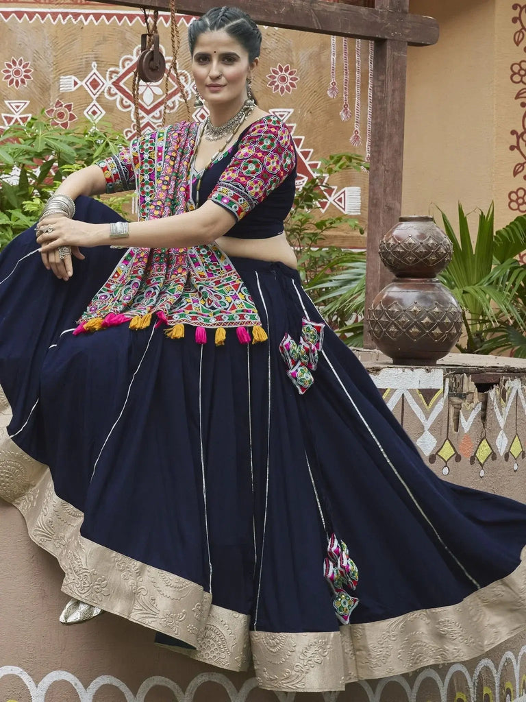 Majestic Navy Blue Embroidered Rayon Navratri Lehenga Choli With Dupatta - Ethnic Plus In