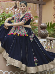 Majestic Navy Blue Embroidered Rayon Navratri Lehenga Choli With Dupatta - Ethnic Plus In