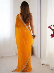 Majestic Orange Silk Sequins Haldi Wear Saree With Blouse - Ethnic Plus In