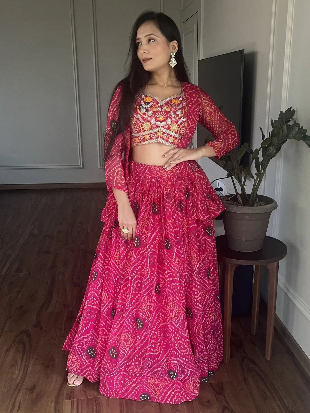 Majestic Rani Pink Bandhani Printed Georgette Lehenga Choli With Jacket - Ethnic Plus In