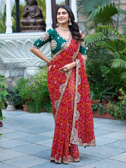 Majestic Red Bandhani Print Bridal Saree With Blouse - Ethnic Plus In