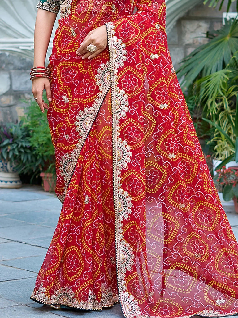 Majestic Red Bandhani Print Bridal Saree With Blouse - Ethnic Plus In