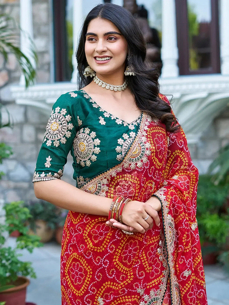 Majestic Red Bandhani Print Bridal Saree With Blouse - Ethnic Plus In