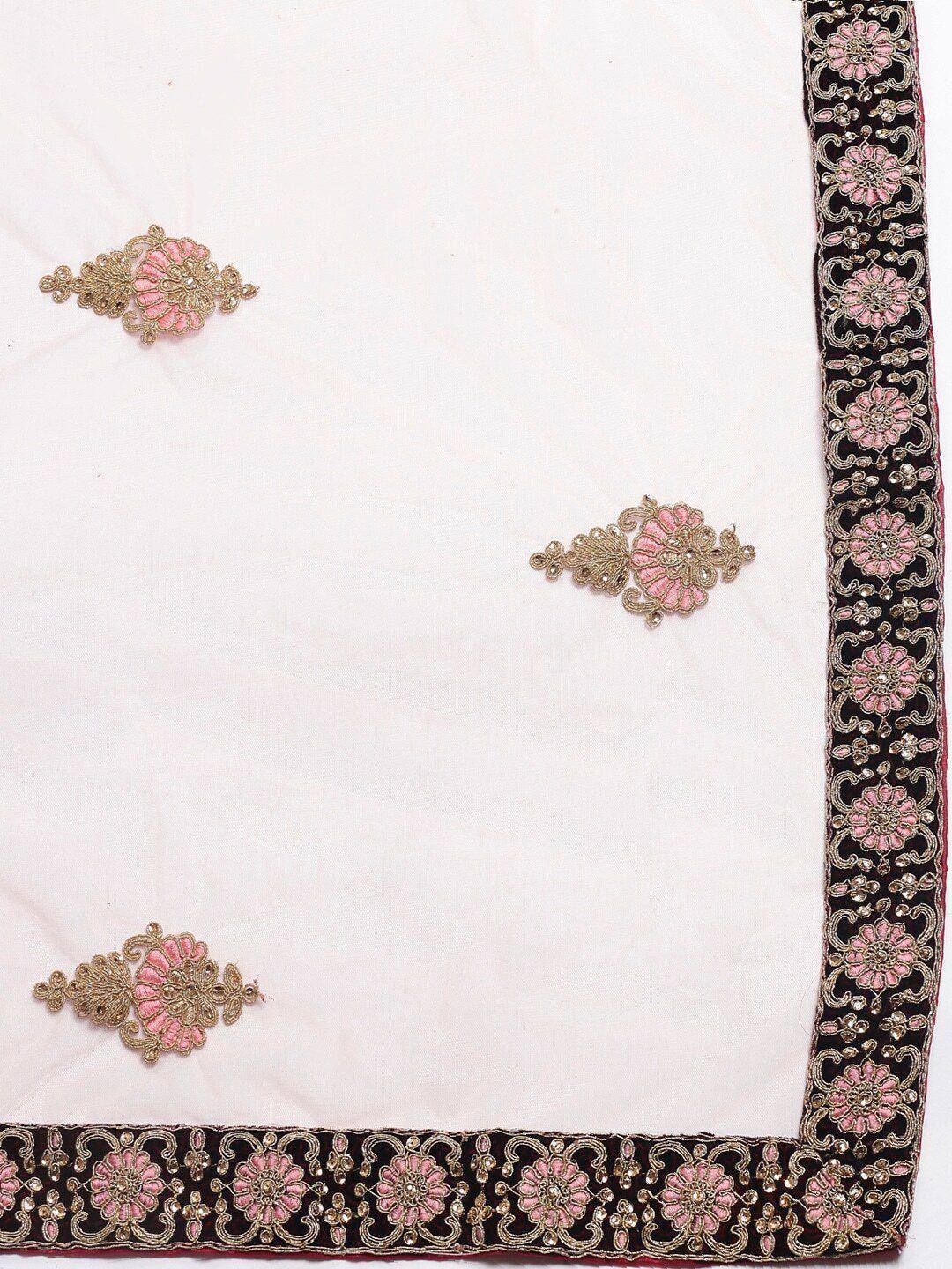 White ethnic dupatta with pink floral embroidery and black border, perfect for lehenga or saree