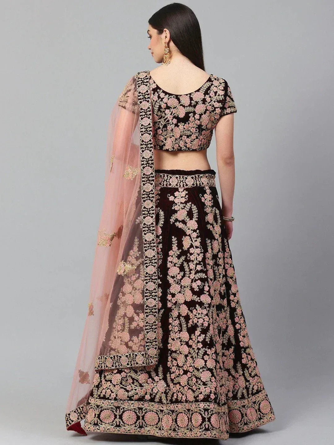Black and pink floral embroidered lehenga choli with sheer dupatta, Indian ethnic wear