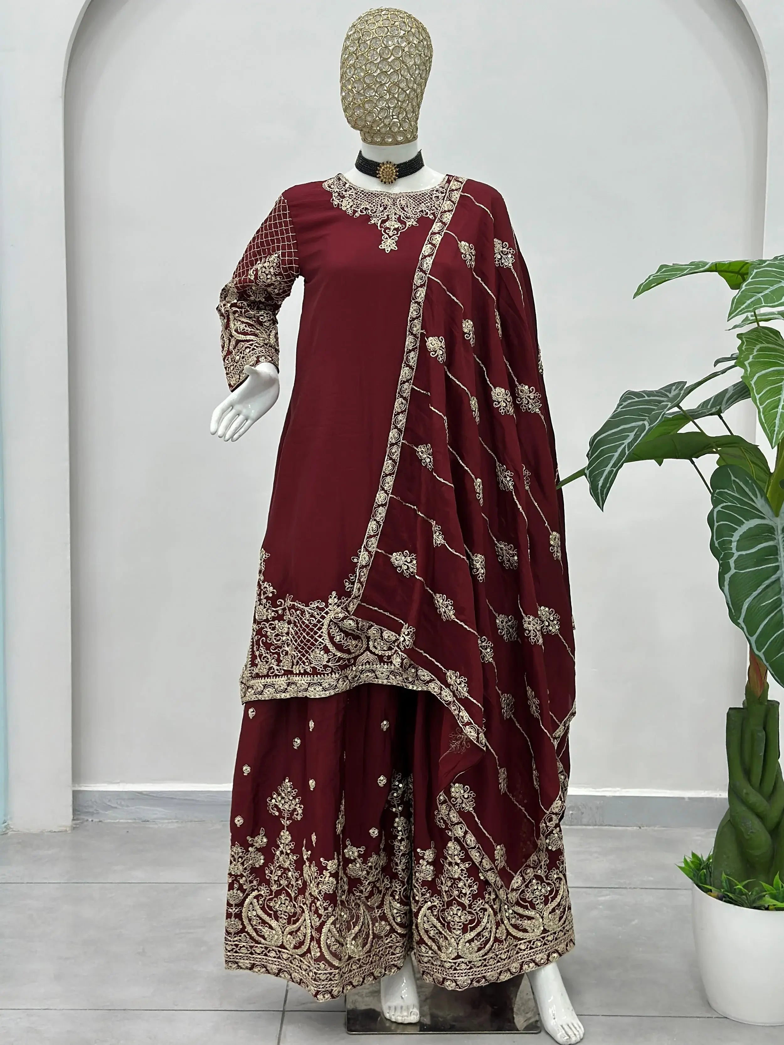 Alluring Maroon Embroidered Chinon Festival Wear Palazzo Suit