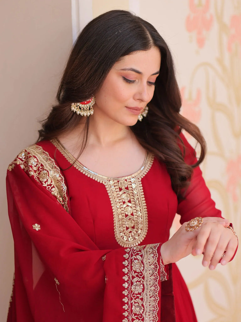 Awesome Maroon Georgette Zari Embroidered Gown With Dupatta