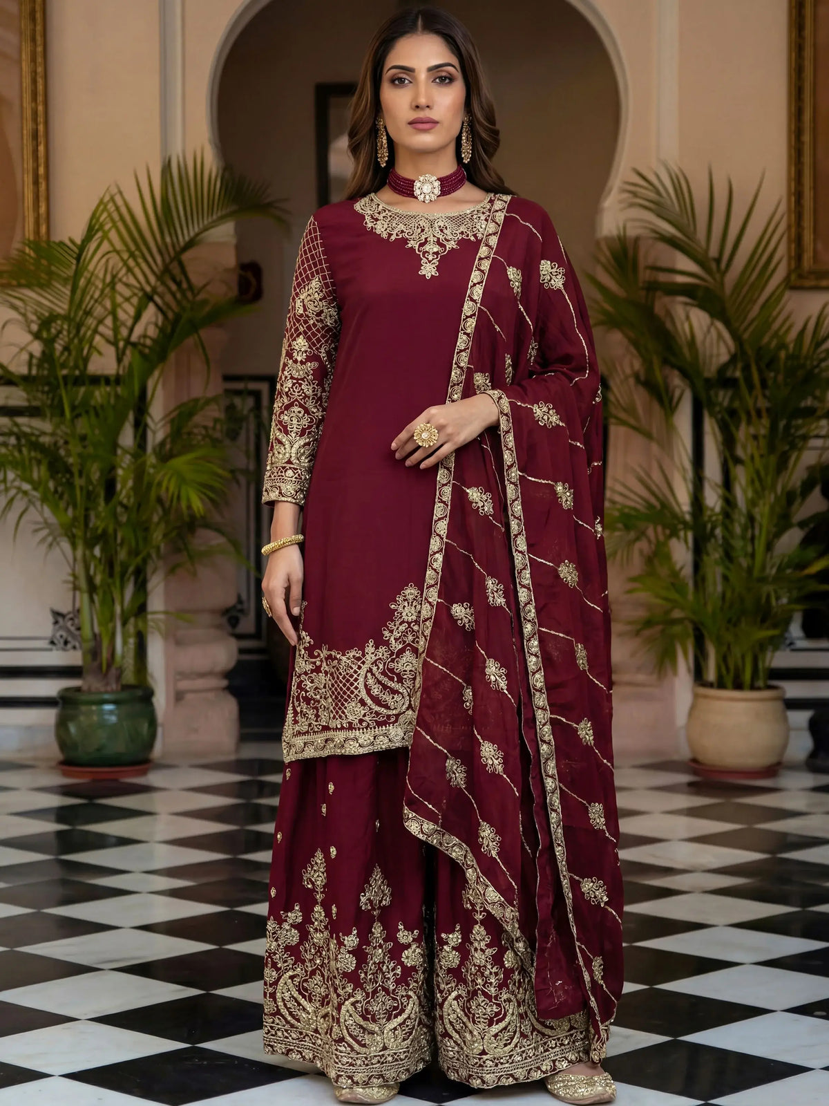 Alluring Maroon Embroidered Chinon Festival Wear Palazzo Suit
