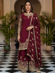 Alluring Maroon Embroidered Chinon Festival Wear Palazzo Suit