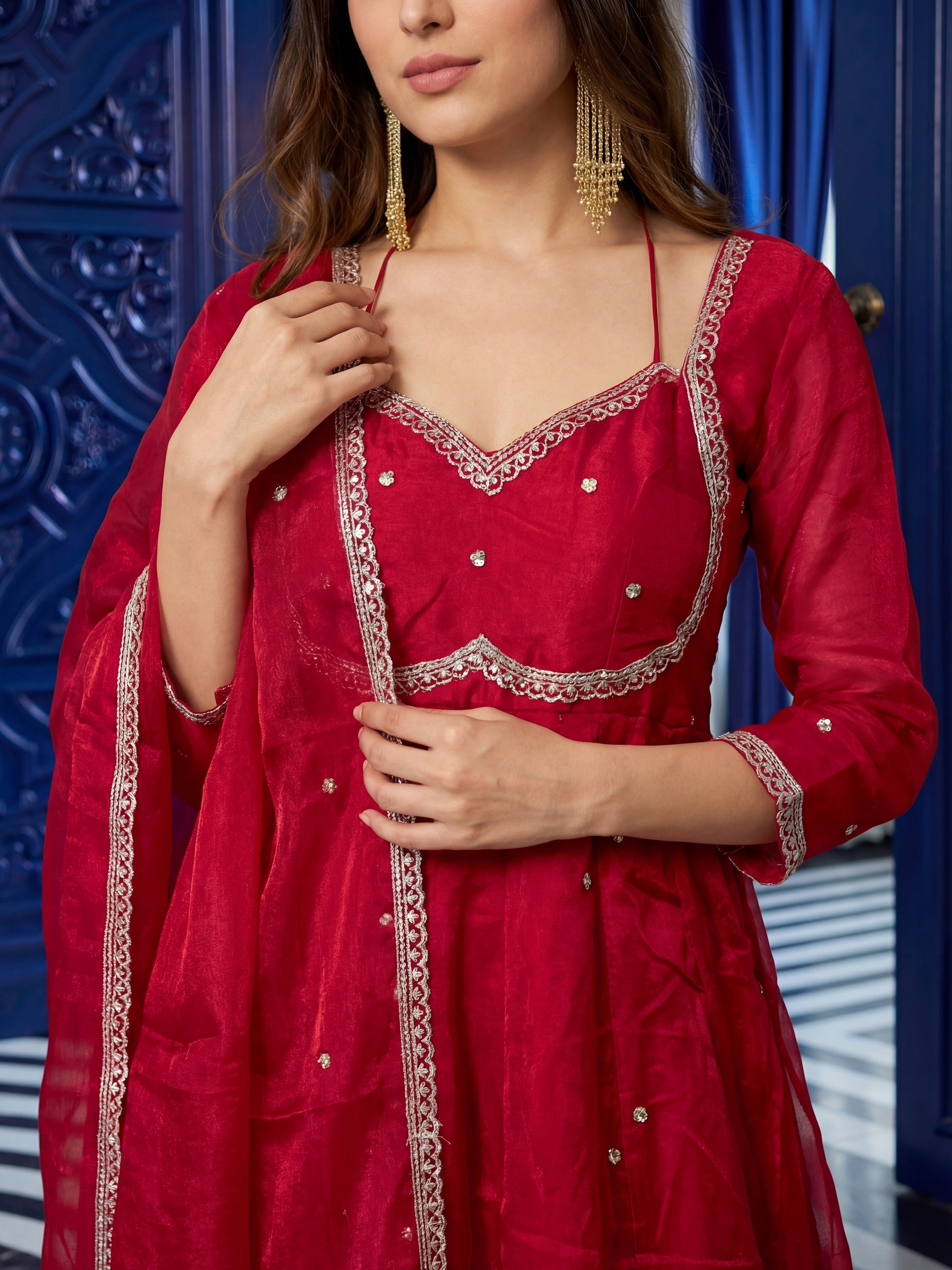 Precious Maroon Zari Embroidered Silk Wedding Anarkali Gown