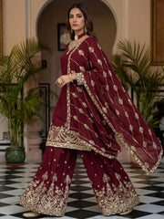 Alluring Maroon Embroidered Chinon Festival Wear Palazzo Suit