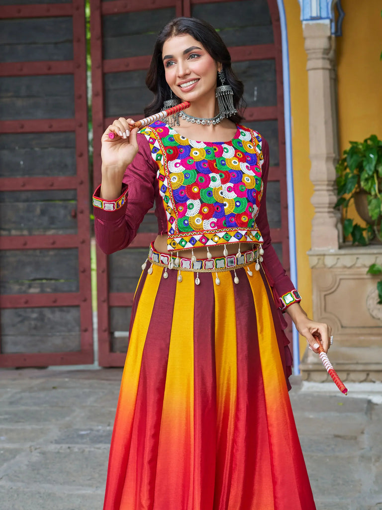 Amazing Maroon Chinon Kutchi Gamthi Work Traditional Lehenga Choli