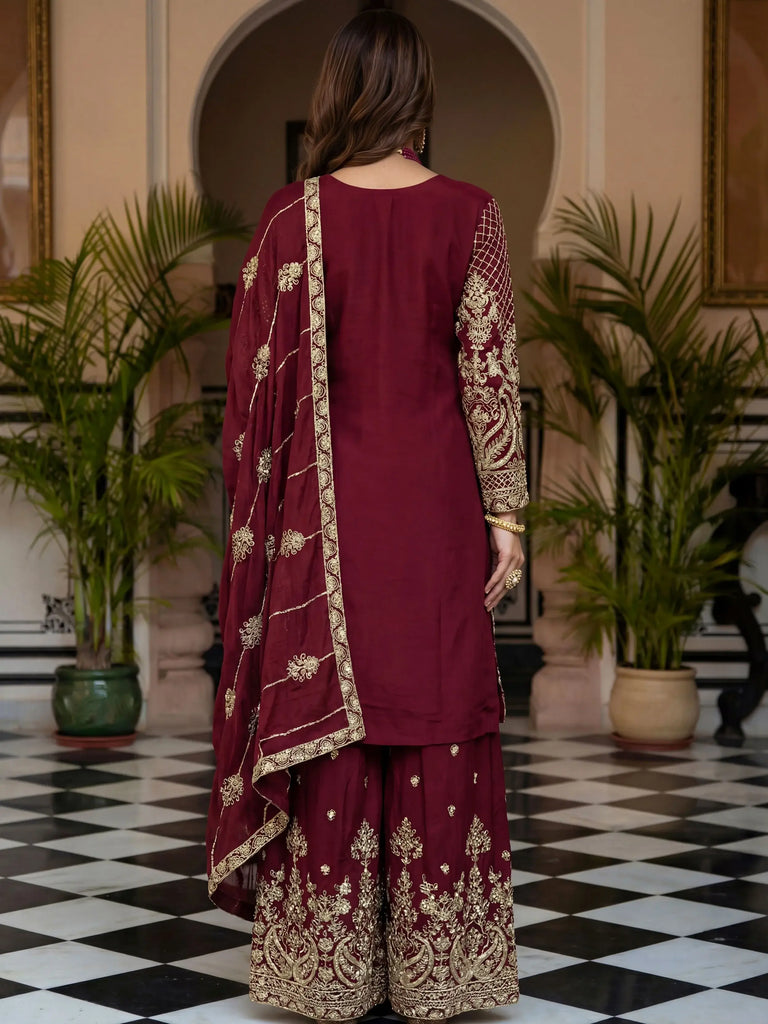 Alluring Maroon Embroidered Chinon Festival Wear Palazzo Suit
