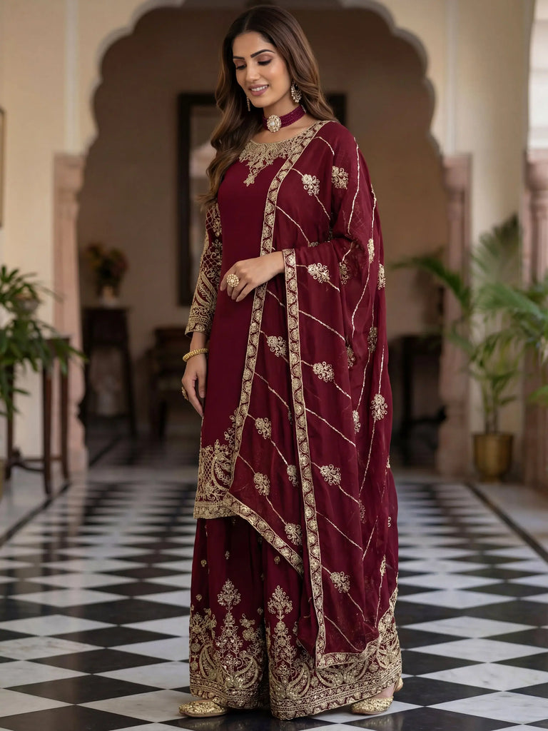 Alluring Maroon Embroidered Chinon Festival Wear Palazzo Suit