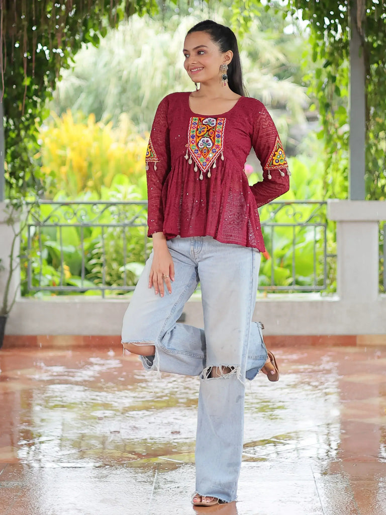 Chic Maroon Georgette Gamthi Work Festival Wear Peplum Top