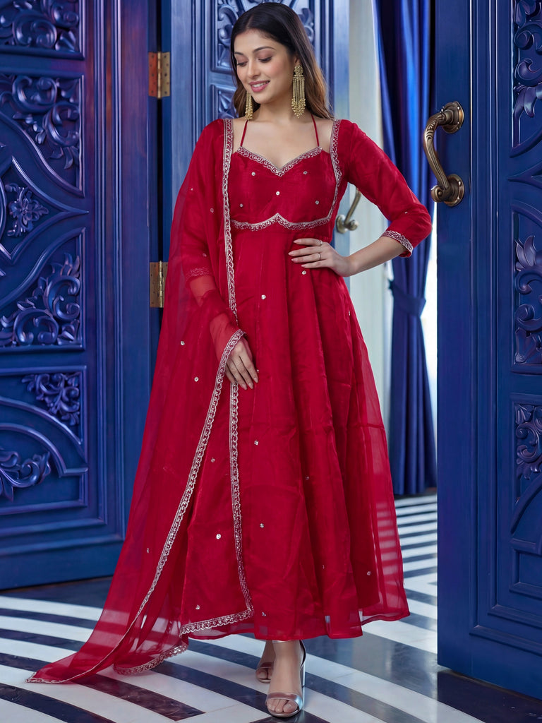 Precious Maroon Zari Embroidered Silk Wedding Anarkali Gown