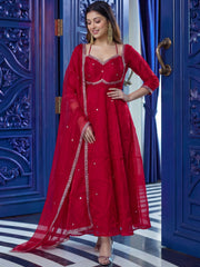 Precious Maroon Zari Embroidered Silk Wedding Anarkali Gown