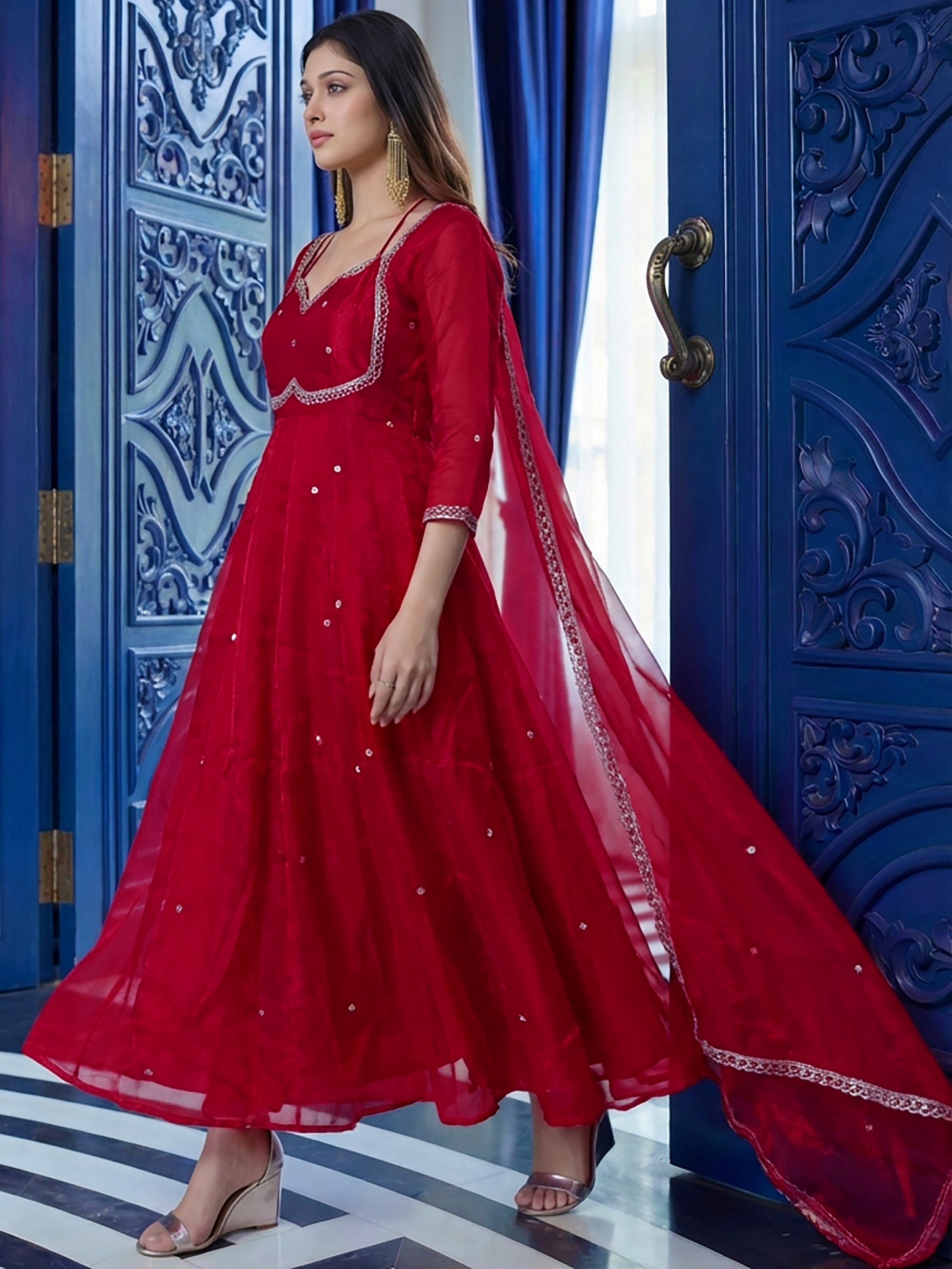 Precious Maroon Zari Embroidered Silk Wedding Anarkali Gown