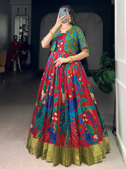 Adorable Maroon Kalamkari Printed Silk Wedding Wear Gown With Koti