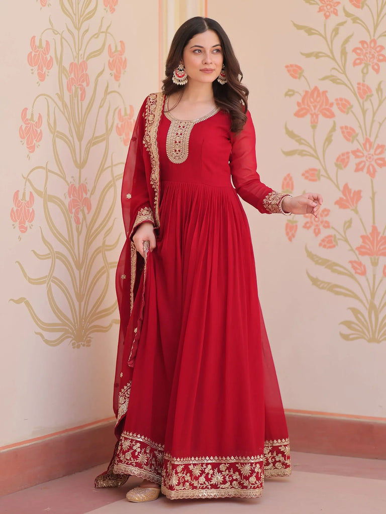 Awesome Maroon Georgette Zari Embroidered Gown With Dupatta