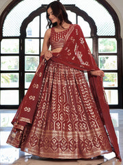 Elegant Maroon Georgette Embroidered Lehenga Choli With Dupatta