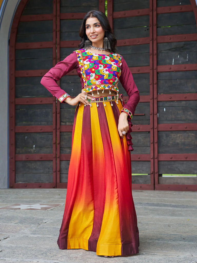 Amazing Maroon Chinon Kutchi Gamthi Work Traditional Lehenga Choli