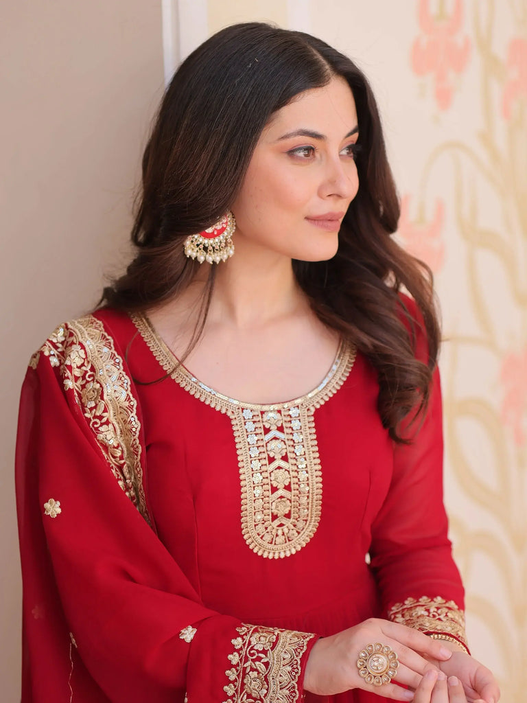 Awesome Maroon Georgette Zari Embroidered Gown With Dupatta