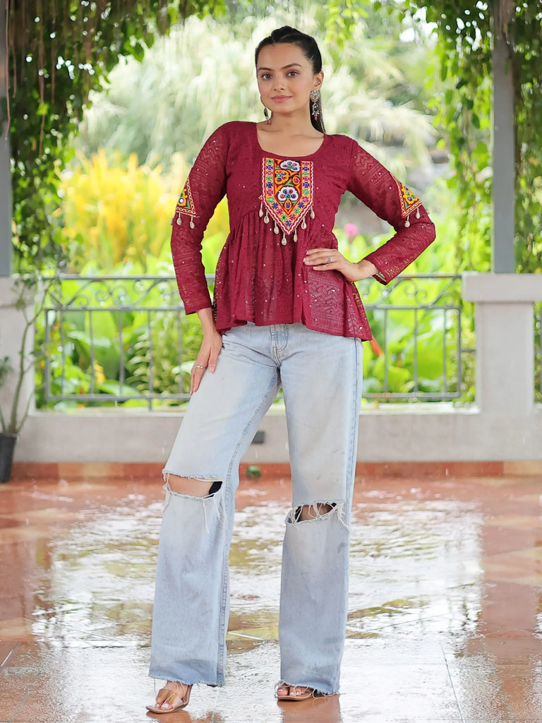 Chic Maroon Georgette Gamthi Work Festival Wear Peplum Top