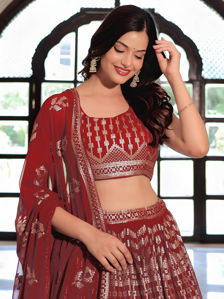 Elegant Maroon Georgette Embroidered Lehenga Choli With Dupatta