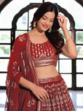 Elegant Maroon Georgette Embroidered Lehenga Choli With Dupatta