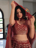 Elegant Maroon Georgette Embroidered Lehenga Choli With Dupatta