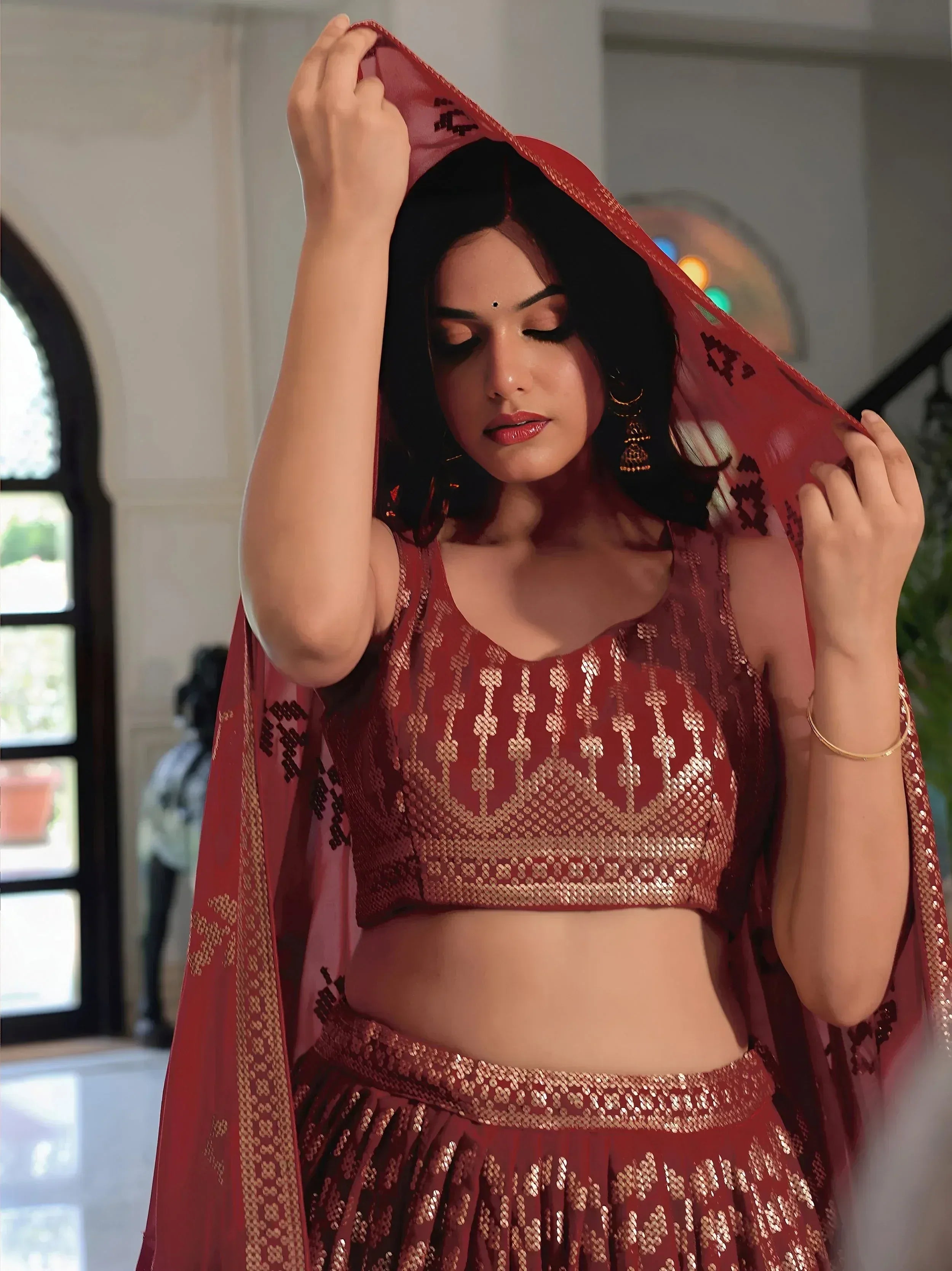 Red sequin lehenga choli with matching dupatta, Indian ethnic wear for women