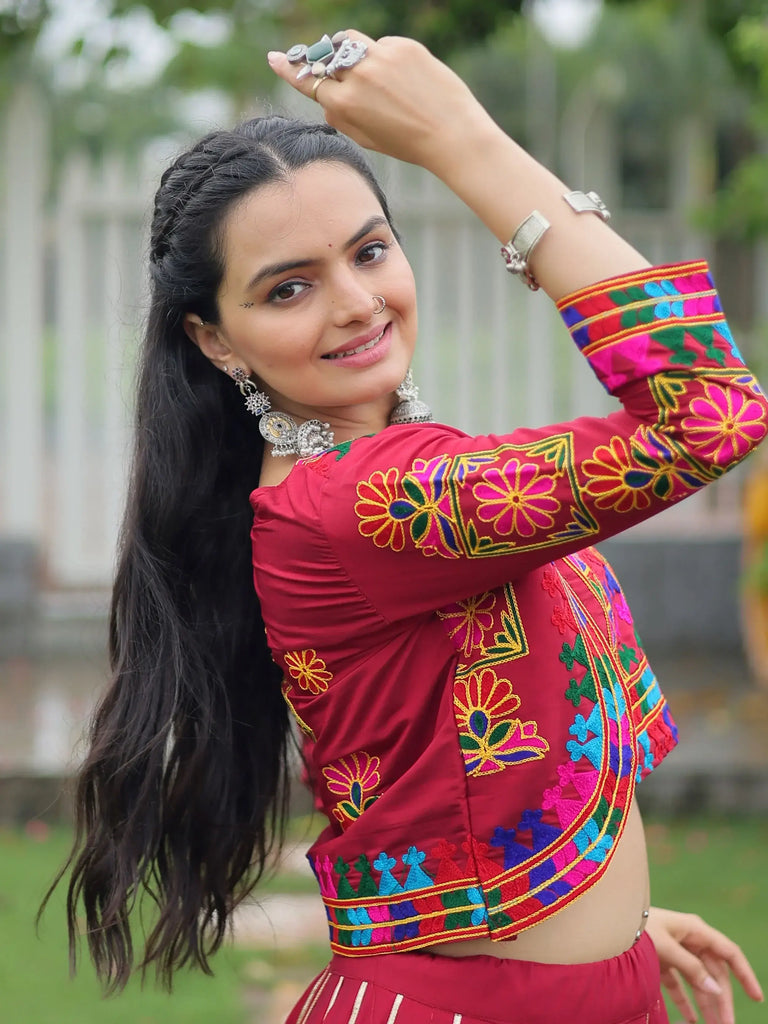 Enchanting Maroon Silk Gamthi Work Lehenga Choli With Jacket