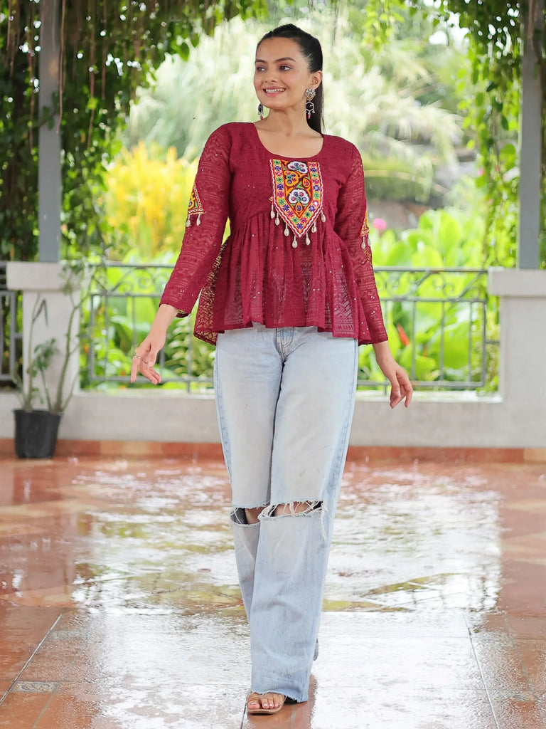 Chic Maroon Georgette Gamthi Work Festival Wear Peplum Top