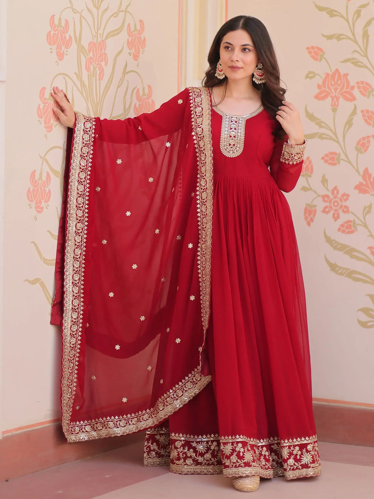 Awesome Maroon Georgette Zari Embroidered Gown With Dupatta