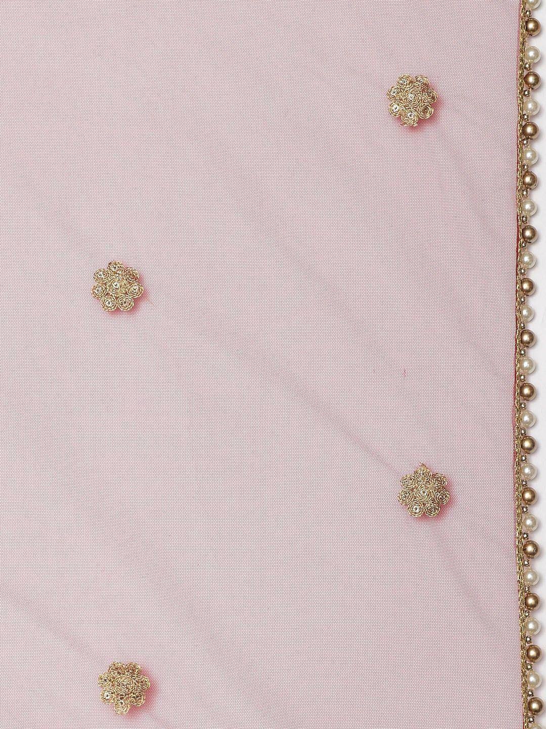 Pink ethnic wear with gold floral embroidery and pearl border detailing