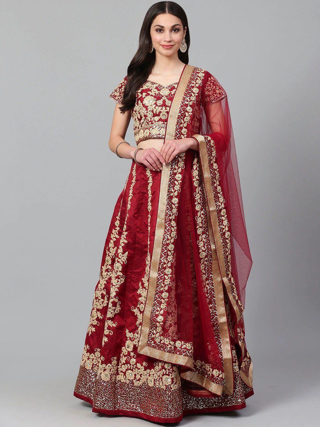 Maroon & Golden Semi-Stitched Myntra Wedding Lehenga & Unstitched Blouse with Dupatta