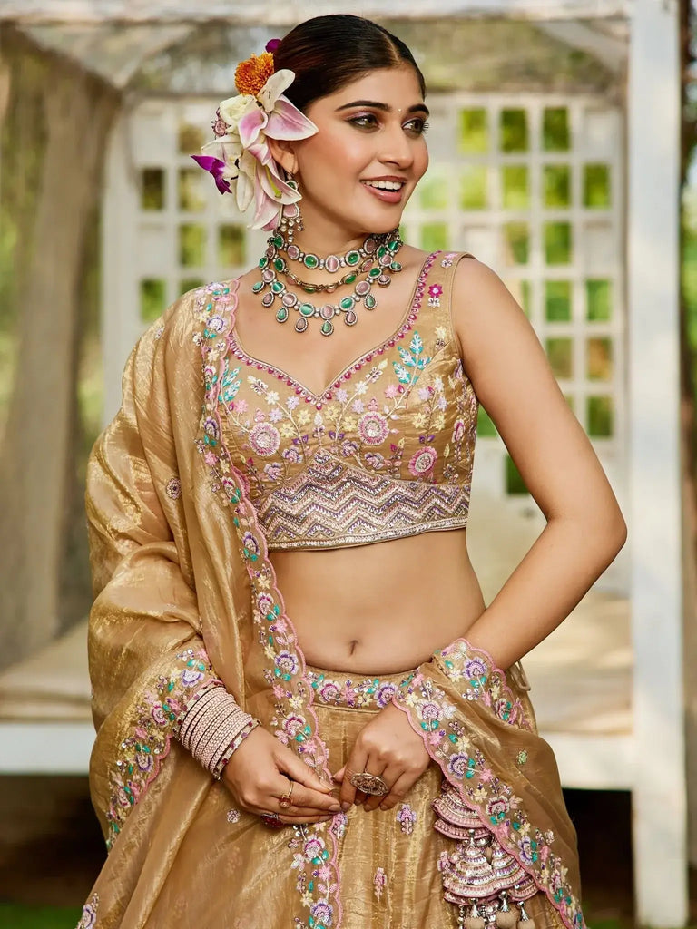 Marvelous Beige Sequins Embroidered Bridesmaids Lehenga Choli - Ethnic Plus In