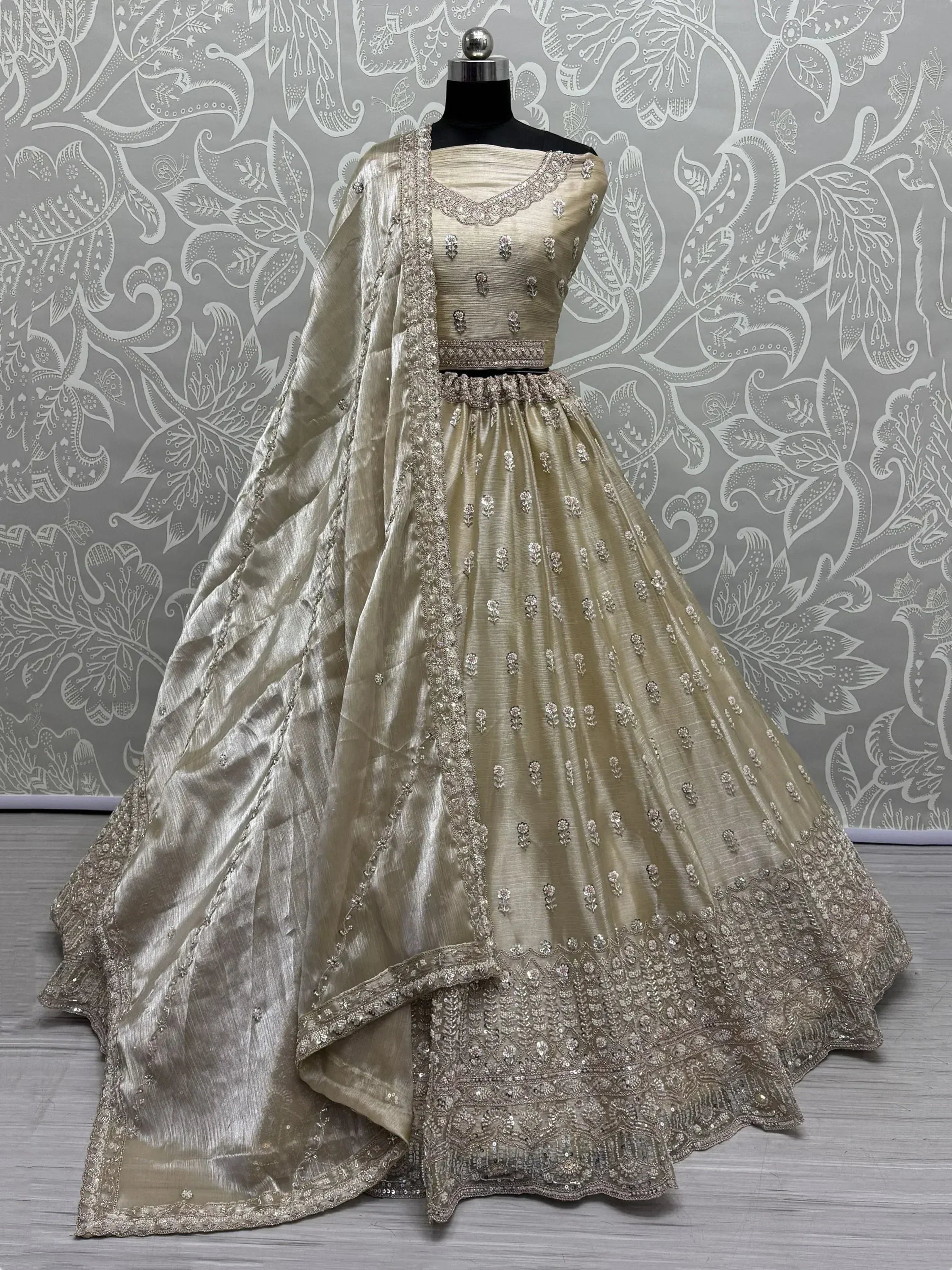 Beige embroidered lehenga choli with dupatta, Indian ethnic wear for weddings and festivals