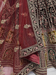 Marvelous Dark Maroon Velvet Bridal Lehenga Choli With Double Dupatta - Ethnic Plus In