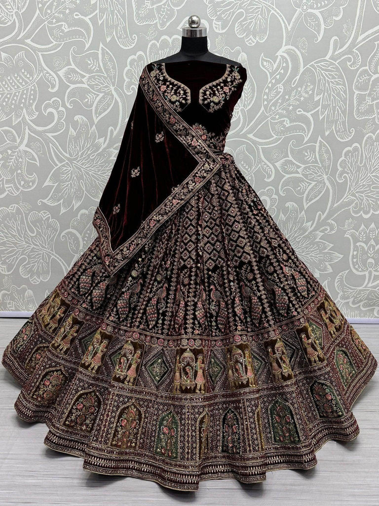 Marvelous Dark Maroon Velvet Bridal Lehenga Choli With Double Dupatta - Ethnic Plus In