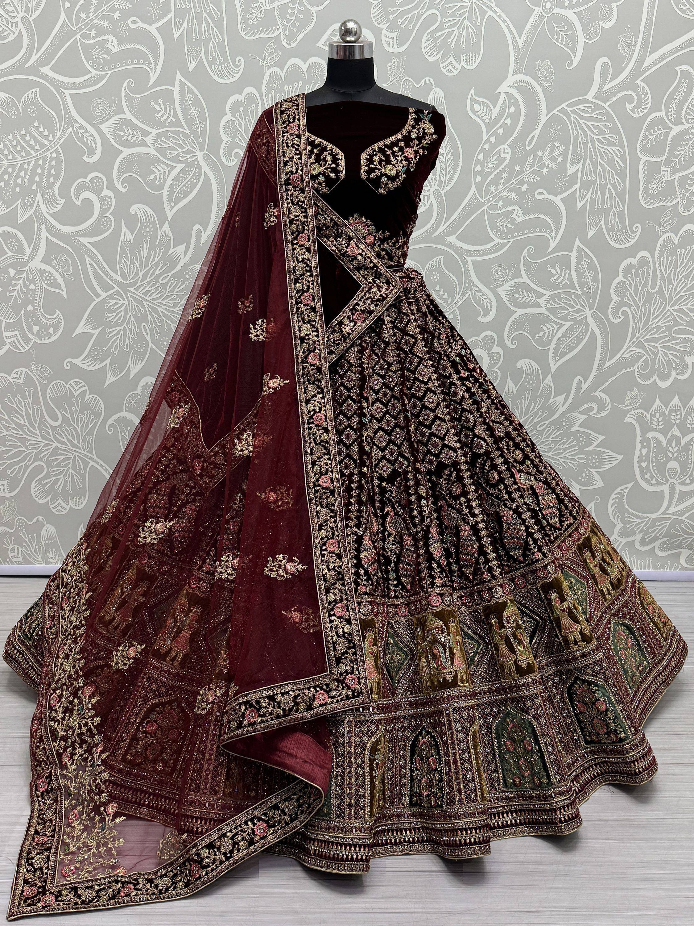 Maroon velvet designer lehenga choli with heavy embroidery and dupatta, Indian ethnic wear