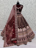 Marvelous Dark Maroon Velvet Bridal Lehenga Choli With Dupatta