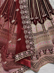 Marvelous Dark Maroon Velvet Bridal Lehenga Choli With Dupatta - Ethnic Plus In