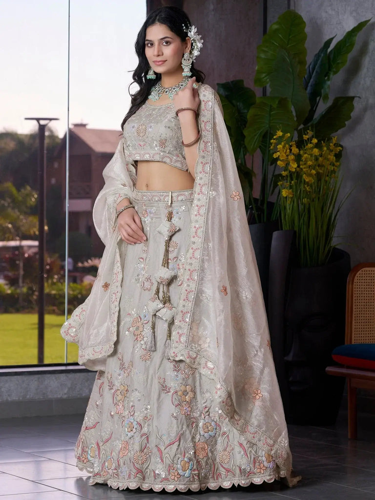 Marvelous Grey Jarkan Work Lehenga Choli With Organza Dupatta - Ethnic Plus In