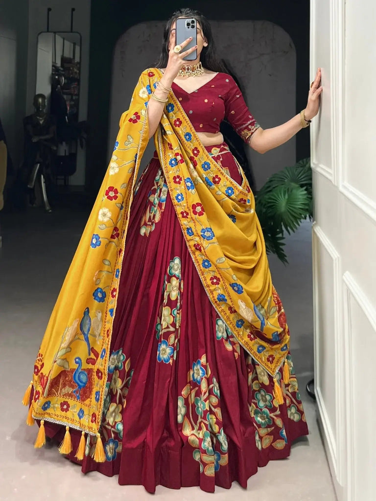 Marvelous Maroon Floral Printed Tussar Silk Lehenga Choli With Dupatta - Ethnic Plus In