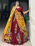 Marvelous Maroon Floral Printed Tussar Silk Lehenga Choli With Dupatta - Ethnic Plus In
